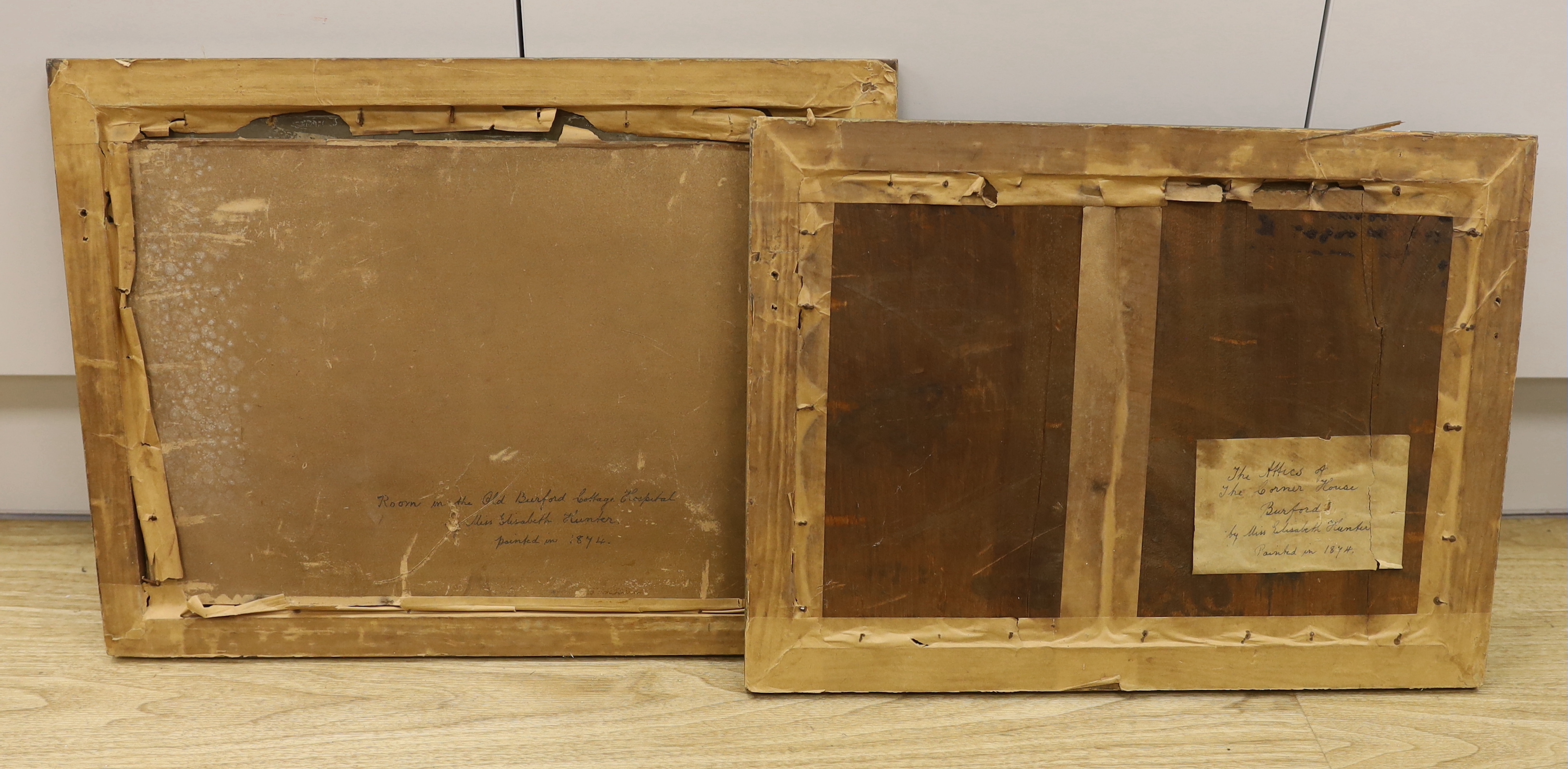 Elizabeth Hunter, two 19th century oil on boards, 'The Attics of the Corner House' and 'Room in the Old Burford Cottage Hospital', each inscribed verso, largest 44 x 31cm